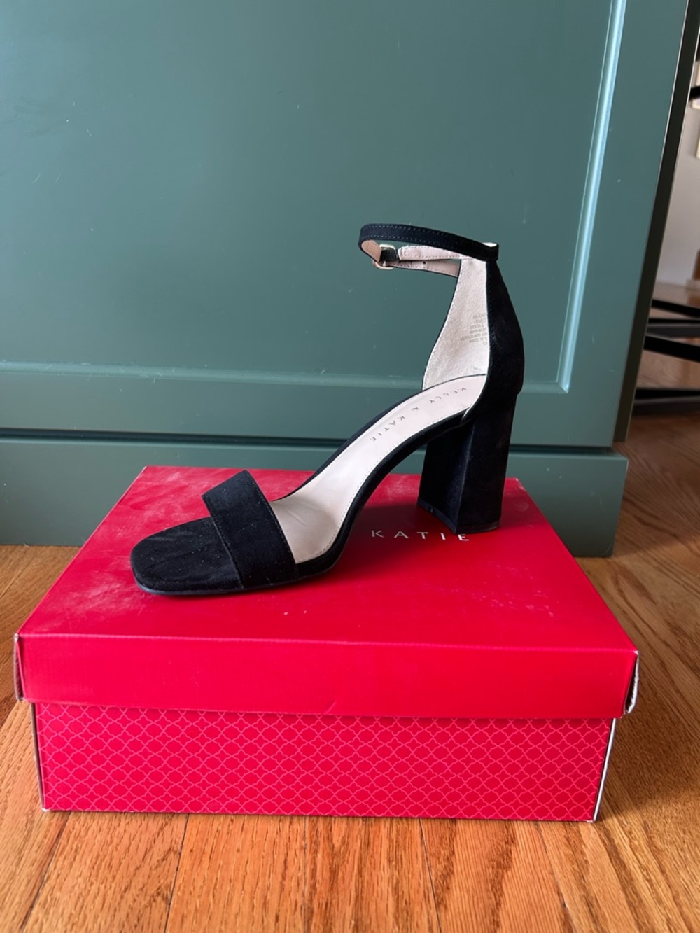 Kelly & Katie Black Suede Block Heel Sandal with Ankle Strap